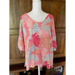 Talbots Size Large Knit Blouse 3/4 Sleeves‎ Pink Blue Floral
